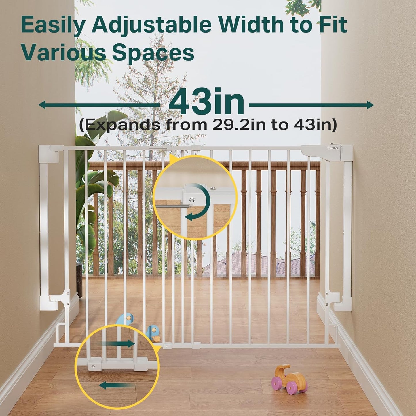 Cumbor 29.2-43" No Bottom Bar Baby Gate for Stairs, 2-in-1 Auto Close Dog Gate Indoor, Hardware Mounted Pet Gate for Doorways with Large Walk Thru Door, Child-Proof Safety Gate for Kids (White)