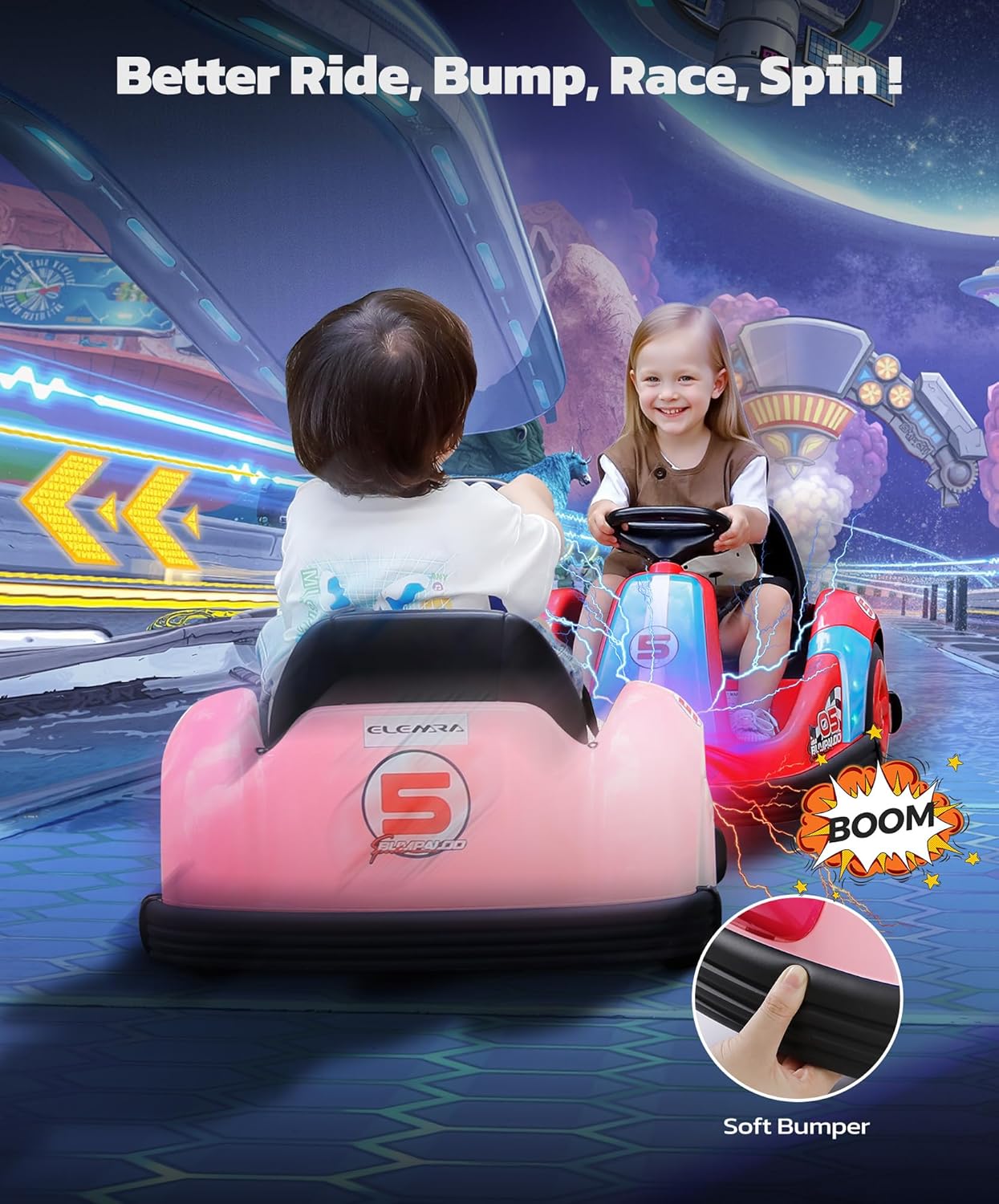 ELEMARA Toddler Bumper Car with Big Wheels, 2.2 Mph, Ride On Toys for Toddlers with DIY Stickers, 12v Electric Bumper Cars for Kids with Bluetooth,LED Light,Music for Indoor Outdoor,Peach Pink