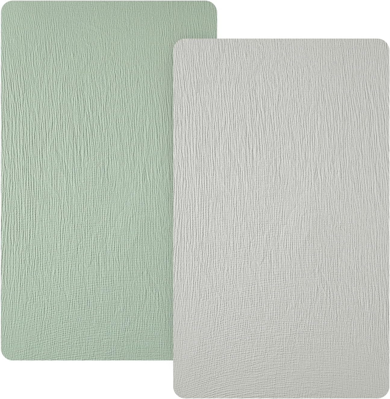 david's kids Muslin Mini Crib Sheets, 2 Pack Cotton Pack N Play Sheets for Boys Girls Neutral, Soft Breathable Baby Sheets Fit Pack N Play, Playard and Mini Crib Mattresses, Light Gray & Sage Green