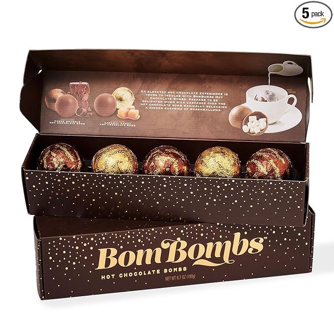 BomBombs, Hot Chocolate Bombs, Includes Fudge Brownie and Caramel Candy Cocoa Bombs Filled with Marshmallows, Pack of 5