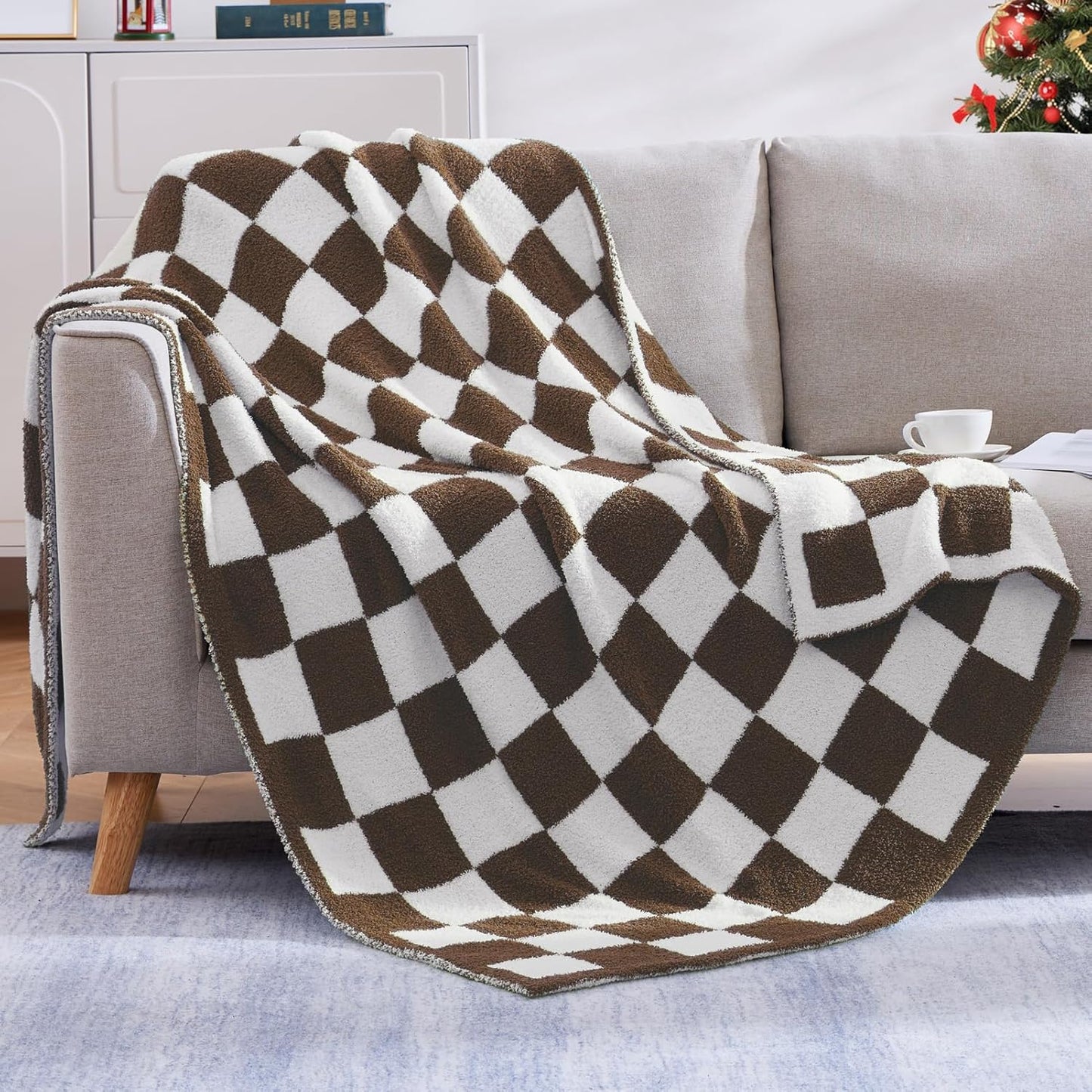 WRENSONGE Checkered Throw Blanket, Coffee Soft Cozy Fluffy Warm Hand Made Throw Blankets for Couch, Sofa, Chair, Bed, Camping, Picnic, Travel Lightweight Bed Blanket - 60"*80"