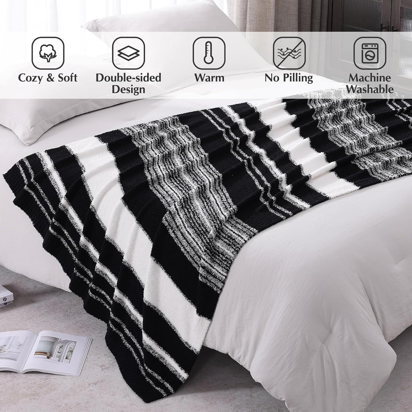 WRENGONGE Black White Throw Blanket, 50x70 Soft Cozy Striped Throw Blankets for Couch, Sofa, Bed, Travel, Lightweight Fluffy Warm Plush Decorative Blankets for Women, Men,Kids Gift