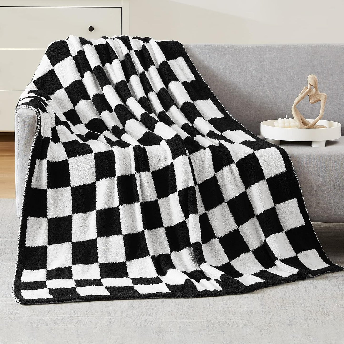 WRENSONGE Checkered Throw Blanket, Black and White Soft Cozy Fluffy Warm Hand Made Throw Blankets for Couch, Sofa, Chair, Bed, Camping, Picnic, Travel Lightweight Bed Blanket - 60"*80"