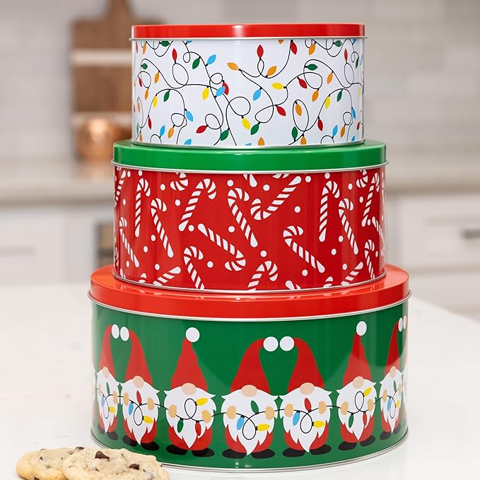 Steel Mill & Co Tin Containers with Lids, 3 Pack Christmas Cookie Tins, Festive Cookie Tins for Gift Giving & Holiday Treats, Round Metal Nesting Containers, Large Medium Small (Gnome)