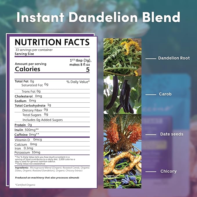 Teeccino Instant Organic Dandelion Blend – 33 servings – Gluten Free Instant Microground Herbal Coffee with Chicory & Dandelion Roots That’s Prebiotic, Caffeine-Free, and Acid-Free – 3.5 ounces