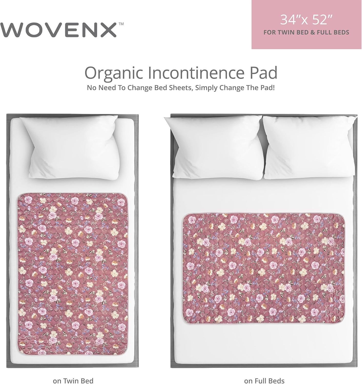 Organic Incontinence Pad for Period - Waterproof Protectors - Reusable Washable Pee Pad - Fits Twin to Full Size Beds - 100% Organic Viscose Derived from Bamboo - 34" x 52" Dark Flower