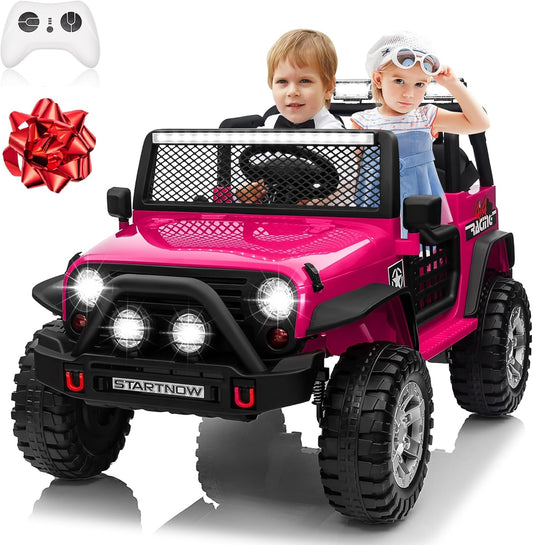 24V 4WD Ride on Truck Car w/800W Motors, Gift Flower, Remote Control, 2 Seaters, Light Bar, 3 Speeds, Pop Music, Power Four Wheels, 24 Volt Ride on Toy Car for Big Kids, Rose Red