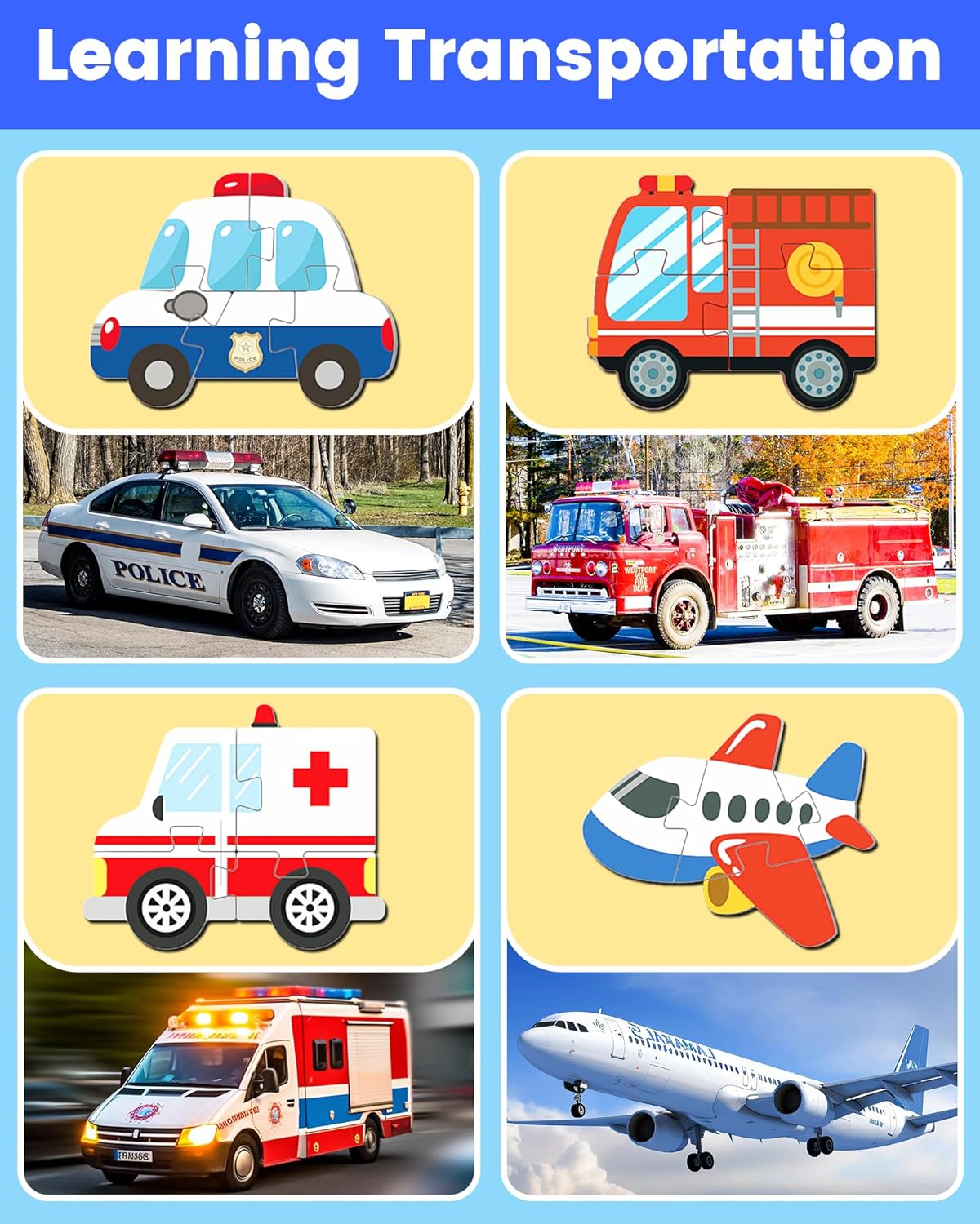 Benresive Wooden Toddler Puzzles, Montessori Toys for 1 2 3 Year Old Boys, Toys for 1 2 3 Year Old Boy Birthday Gifts, 4 Pack Vehicle Toddler Learning Educational Puzzles