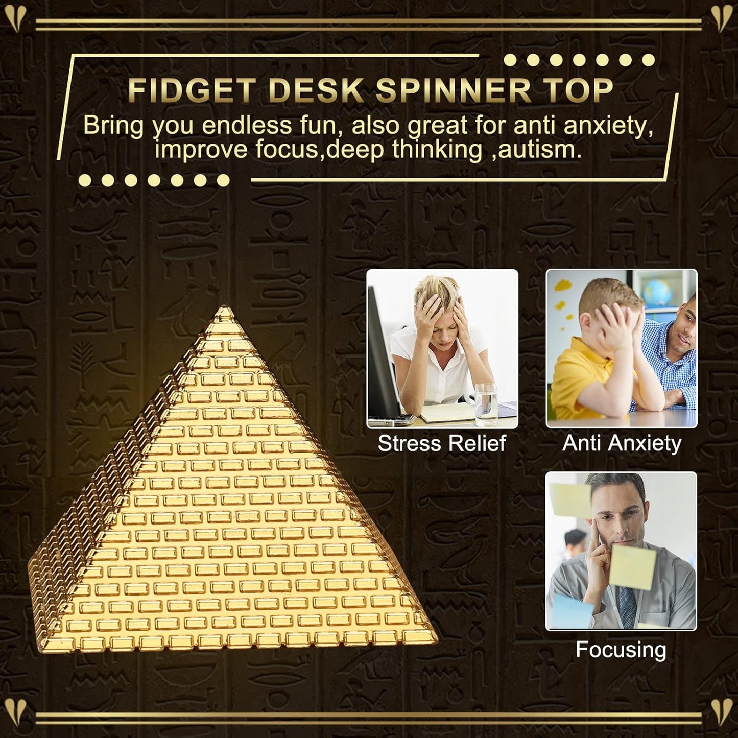 Egyptian Fidget Spinner Toy for Kids Adults, Metal Pyramid Fingertip Hand Finger Spinner, Heavy Duty Cool Desk Decoration Toy for Home Office, Sicence Kit Gadget, Perpetual Motion Spinning