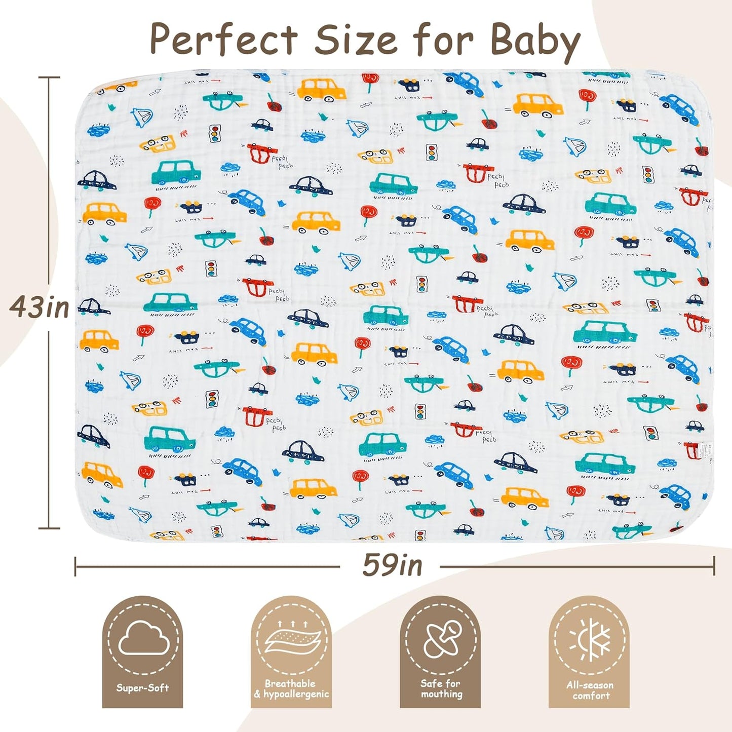 Luxury Muslin Baby Blanket, Cozy Swaddle, 6-Layer Cotton Receiving Blanket for Newborn Infant, 59x43 Inch Lightweight Breathable Crib Blanket, Nursery Stroller Toddler Quilt, Car Family
