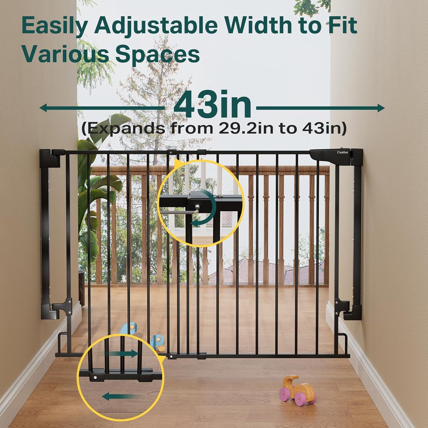 Cumbor 29.2-43" No Bottom Bar Baby Gate for Stairs, 2-in-1 Auto Close Dog Gate Indoor, Hardware Mounted Pet Gate for Doorways with Large Walk Thru Door, Child-Proof Safety Gate for Kids (Black)