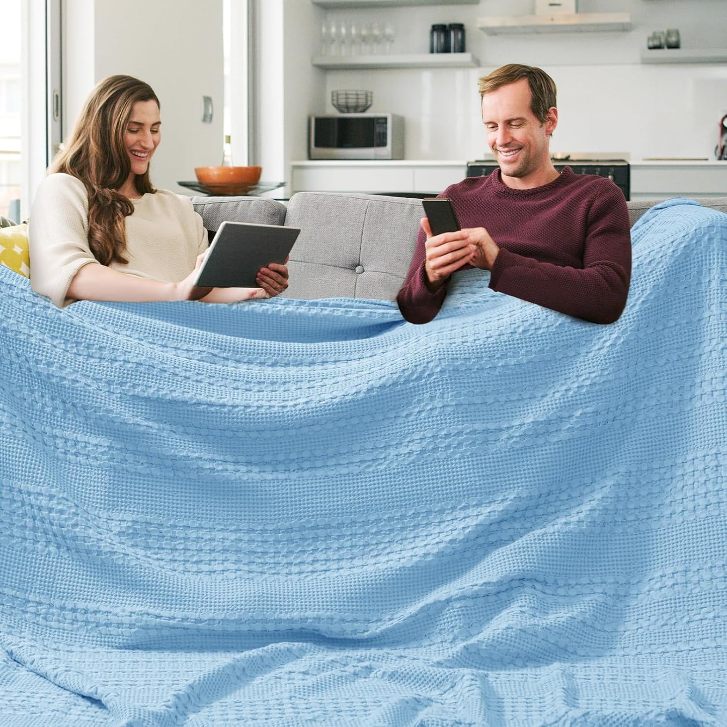 PHF 100% Cotton Waffle Blanket Oversized King 120"x120", Lightweight Breathable Extra Large 10'x10' Summer Blankets for Bed, Giant Big Luxury Aesthetic Woven Bedding for Home Decor, Sky Blue