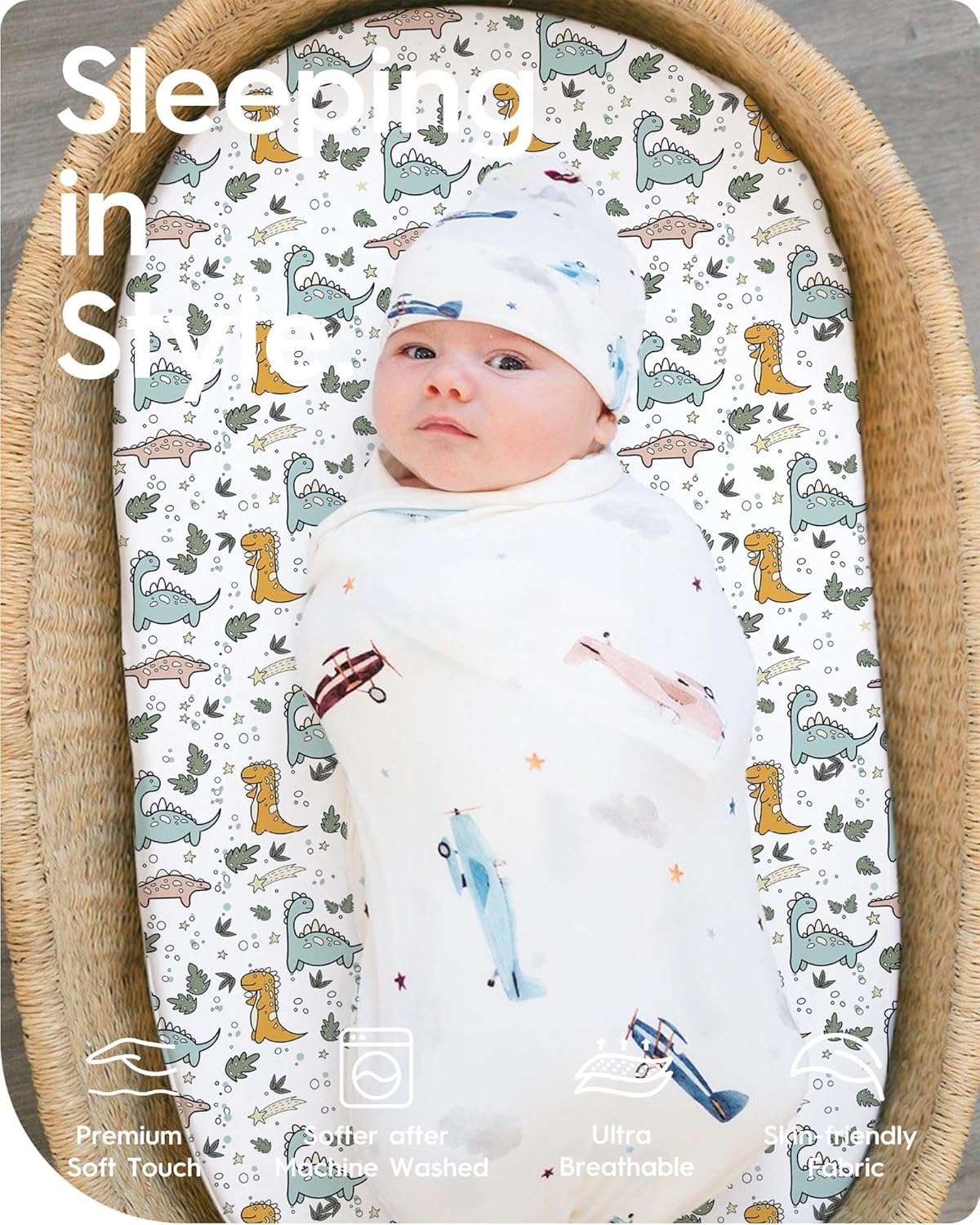 Bassinet Sheets for Baby Boy Girl, TotBasic Buttery Soft Universal Bassinet Fitted Sheet, Compatible with Halo, Mika Micky, Baby Delight, Dream On Me, Maxi COSI and More Bassinet Mattress(Dino&Puppy)