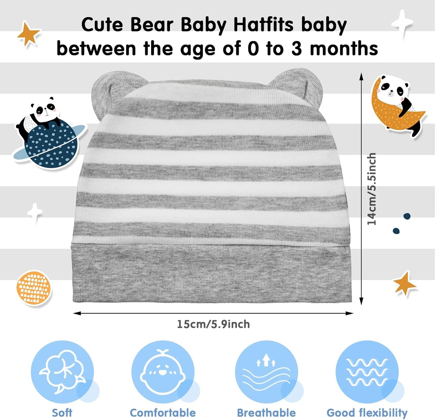 Geyoga 6 Pieces Newborn Baby Hat Bear Ears Infant Caps Baby Boy Girl Toddler Hats Infant Beanie Caps for 0-3 Months