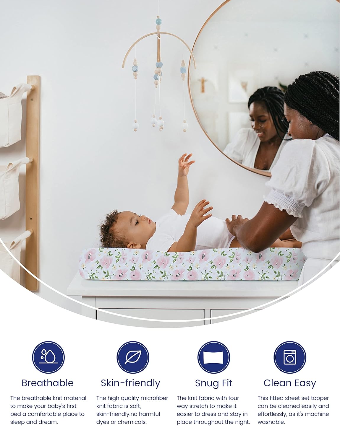 TotAha Premium Stretchy Changing Pad Covers (2-Pack) Hypoallergenic, Silky Comfort, Buttery Soft, Calming Effect, All-Season Jersey-Knit 5'' Deep Pocket(Meredith Allover Floral & Pale Pink Flowers)