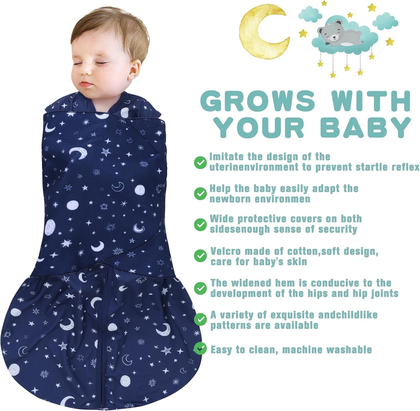Newborn Sleep Sack Baby Swaddle,Swaddle me 6-12 Month,3-Way Adjustable Wearable Blanket,100% Rayon Cotton Swaddling Sleeping Bag，TOG 0.5 (Starry Sky, 6-12 Months)