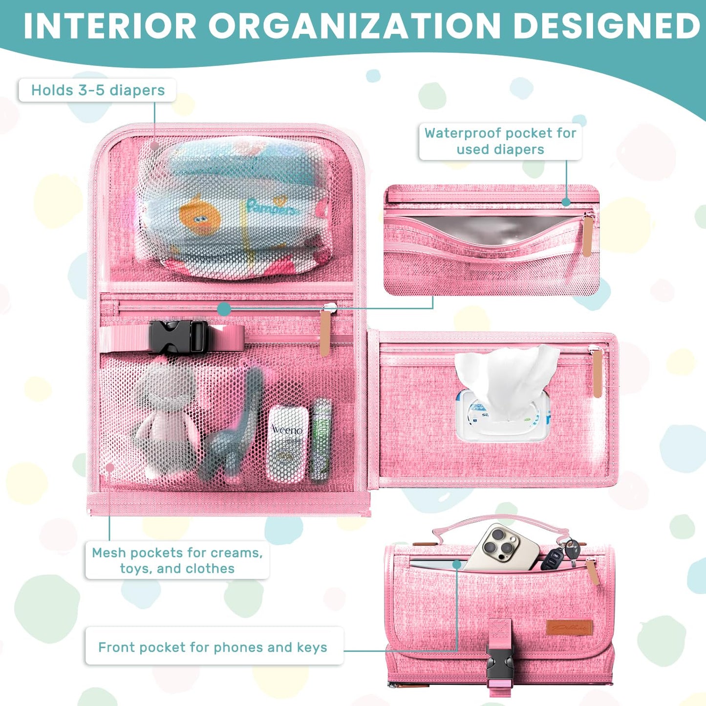 Portable Diaper Changing Pad - Baby Diaper Changer Travel Bag with Wipes Pocket, Smart Design Portable Changing Mat, Infant Travel Station Kit, Gift for Newborn Girl & Boy (Pink)