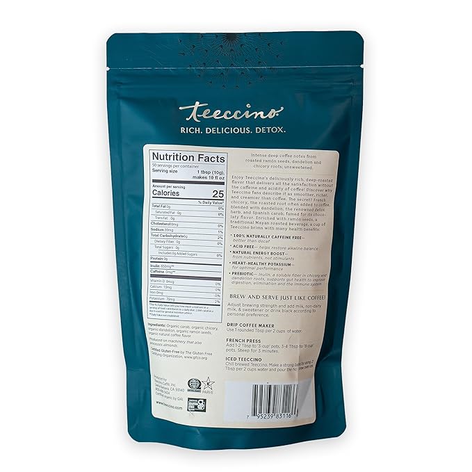 Teeccino Dandelion Dark Roast Herbal Coffee, 1.1 Pound - Caffeine-Free Coffee Alternative with Prebiotics, Gluten Free, Acid Free, Organic