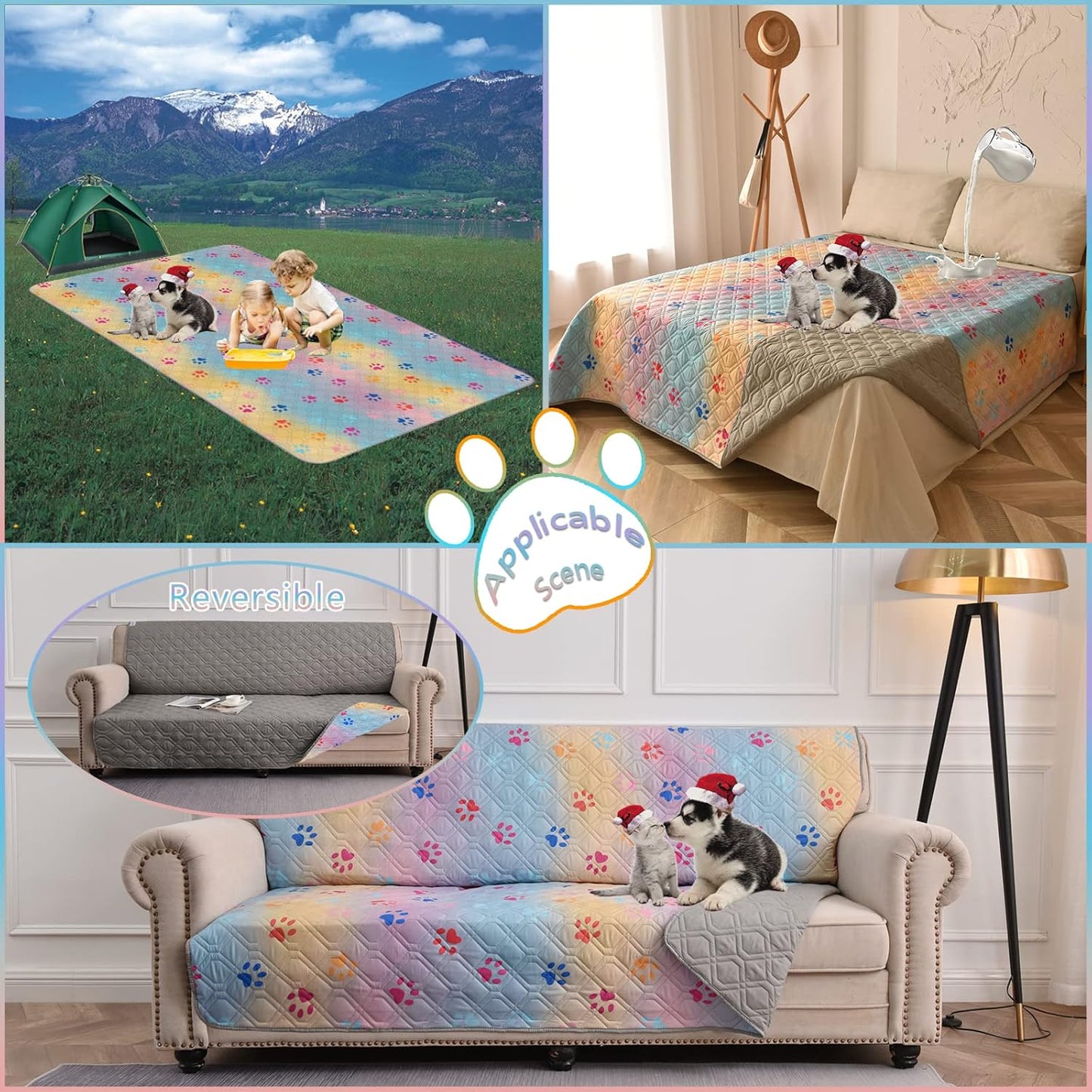 Waterproof Dog Bed Cover 30x70 inch Reversible Pad Reusable Camping Mat for Kids/Pet/Dog/Cat Washable Geometric Embroidery Blanket Patchwork Rainbow Dog Paw Printed+Gray