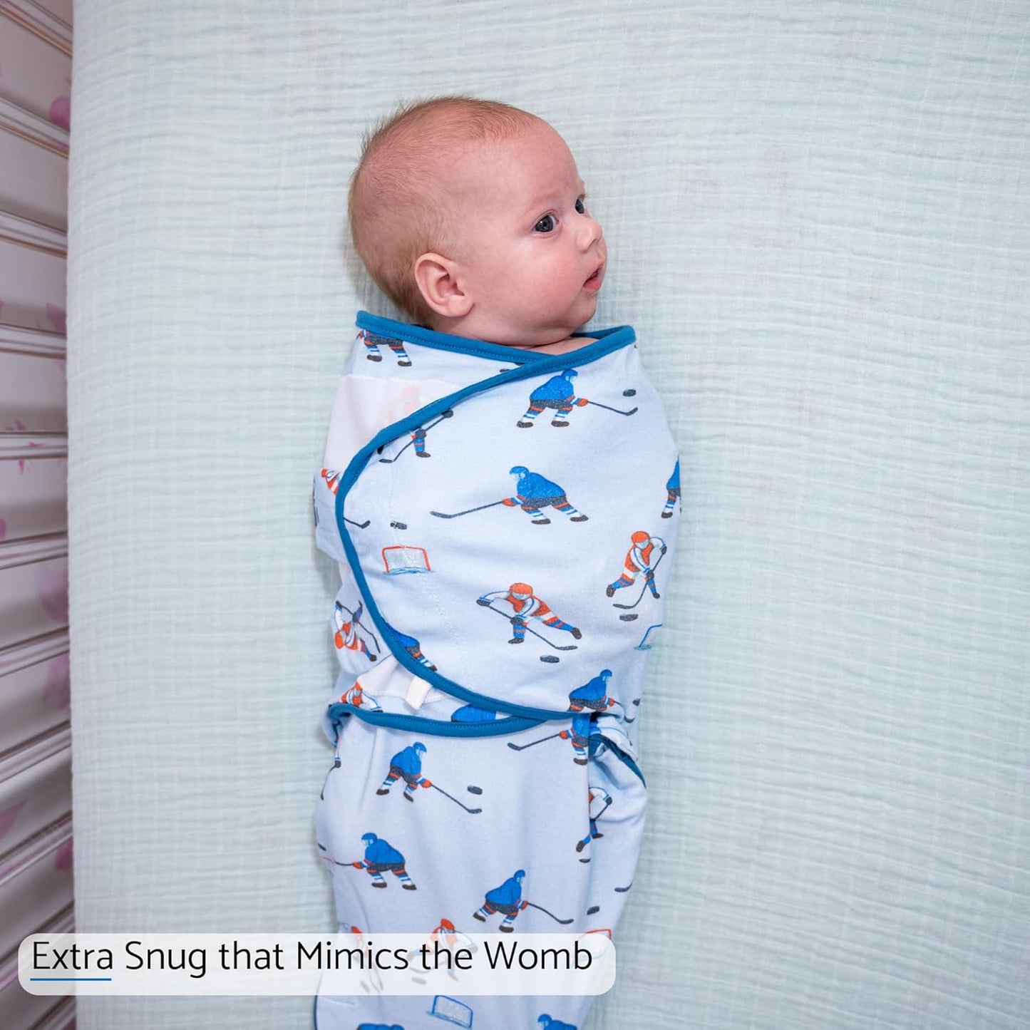 LollyBanks Baby Swaddle, 100% Organic Cotton Newborn Boy Swaddle Sack 0-3 Months, Newborn Baby Swaddle Blanket Wrap with Easy Change Zipper, Baby Registry Must Haves (Ice Hockey)