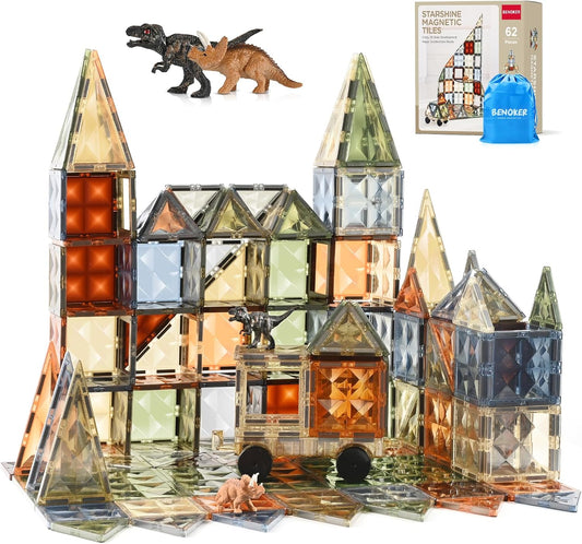 3D Magnetic Tiles, STEM Learning and Encourage Imaginative Play Magnetic Blocks, Preschool Puzzle Toys with Dinosaur, Gift for Boys and Girls 3 4 5 6 7 8 Years+