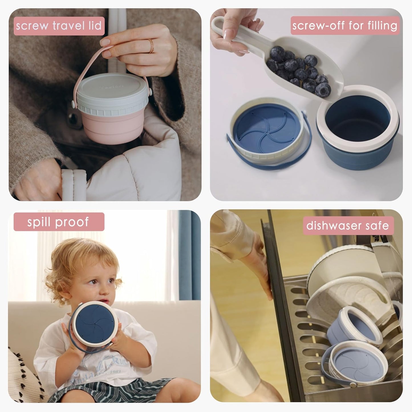 No Spill Silicone Toddler Snack Containers, Detachable Silicone Flap for Filling&Cleaning, Crumb-Free Hard Plastic Screw Travel Lid, Ultra-Soft for Baby Kids Hand In-Out, Snack Cup Holder 12 oz