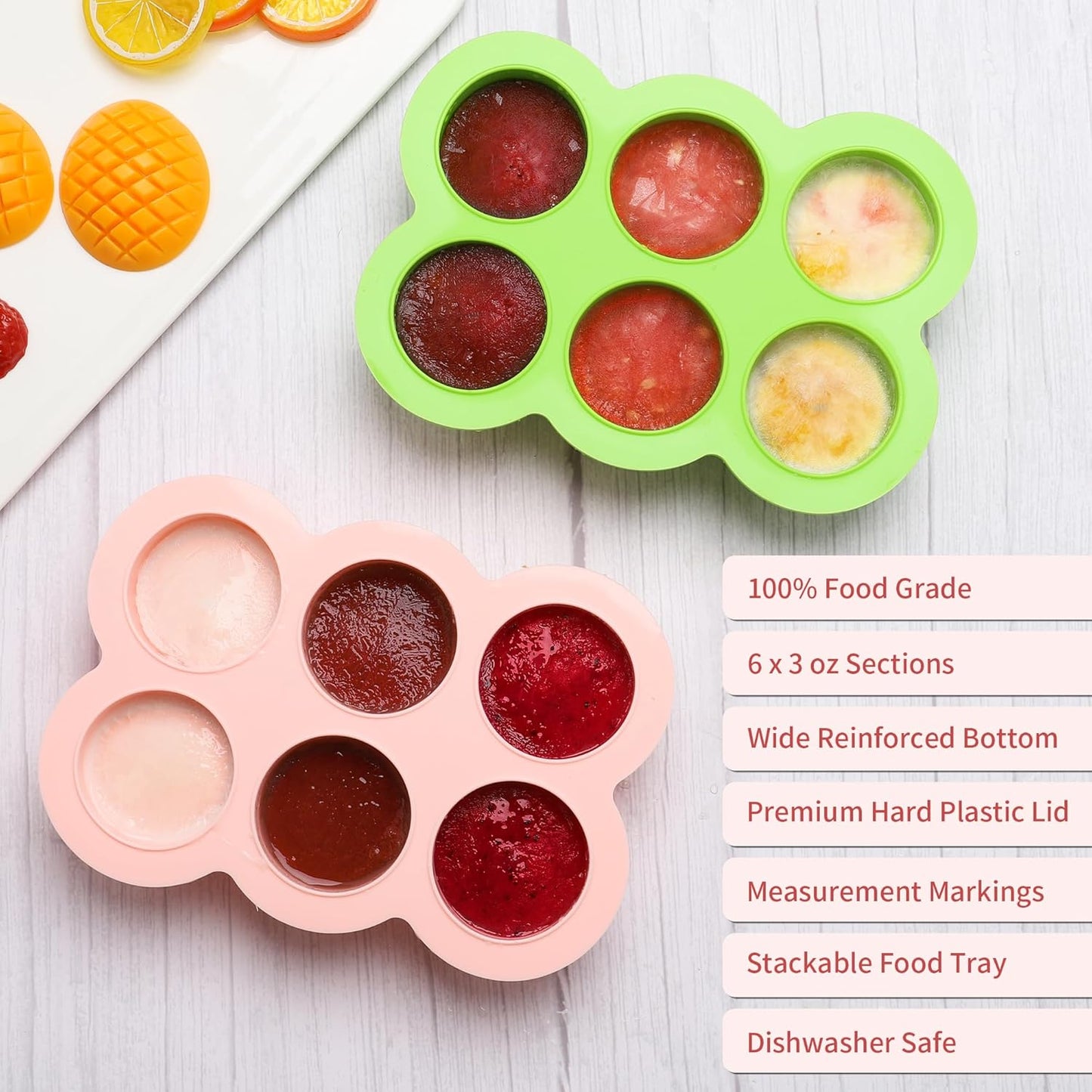 Baby Silicone Freezer Tray with Clip on Lid, 6 x 3 OZ Baby Silicone Freezer Molds, Silicone Storage Container for Homemade Baby Food, Fruit Purees & Vegetables (Gossamer Pink)