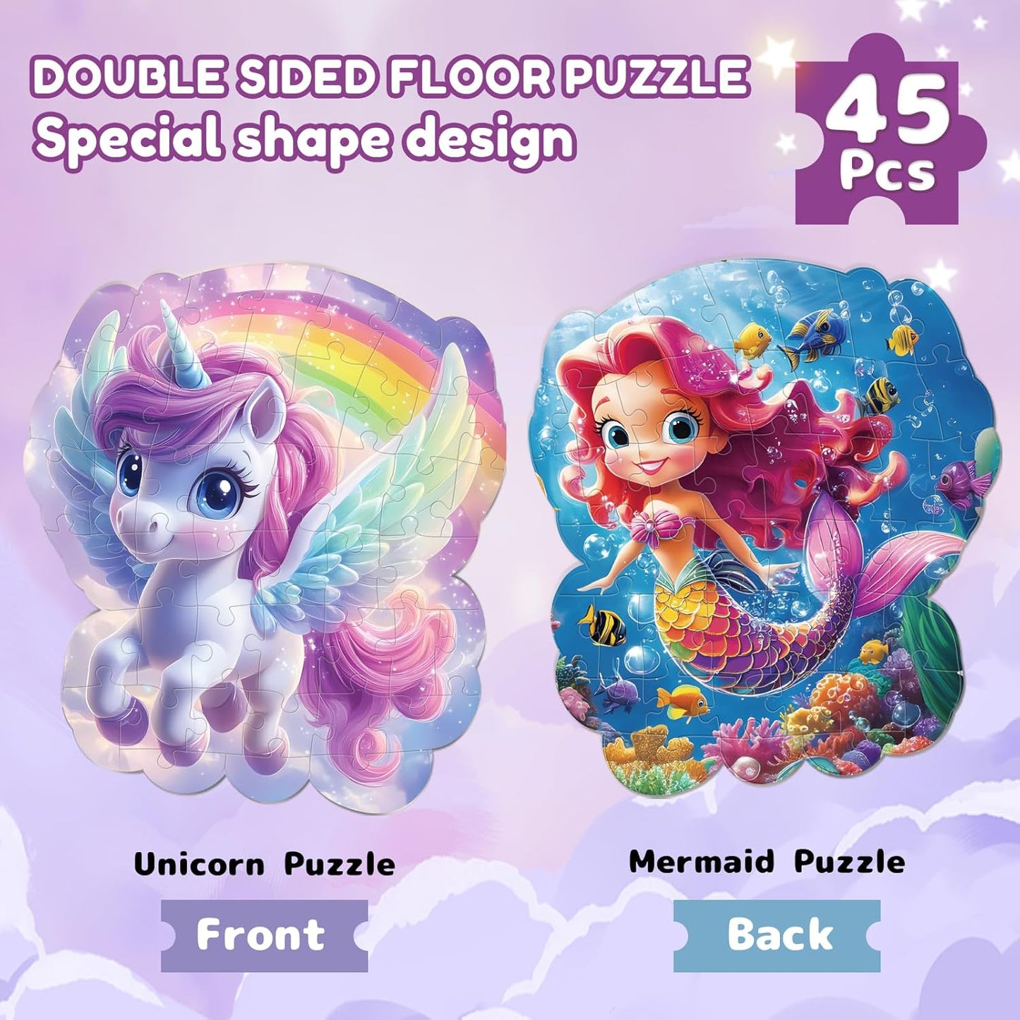 45pcs Unicorn & Mermaid Double-Sided Floor Puzzles, Ages 3-8, 27.6x32 In, Waterproof, EVA Material, Jumbo Jigsaw Puzzle, 1 Set of 45 Pieces