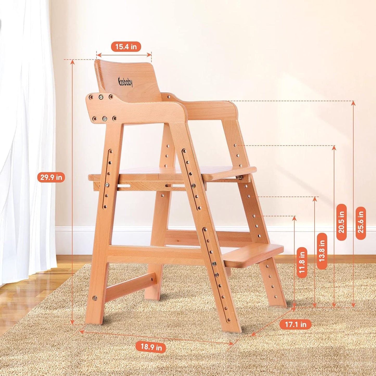 Ezebaby Wooden High Chair, Adjustable Highchair for Toddlers to Teens with Steps, Kids Dining Chair, Study Chair with Removable Cushion (Natural Color)