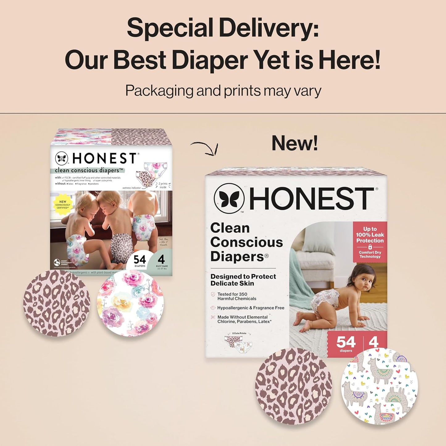The Honest Company Clean Conscious Diapers for Delicate Skin | Up to 100% Leakproof | Hypoallergenic, Fragrance Free | Girl Prints | Club Box, Size 4 (22-37 lbs), 54 Count (Prints May Vary)