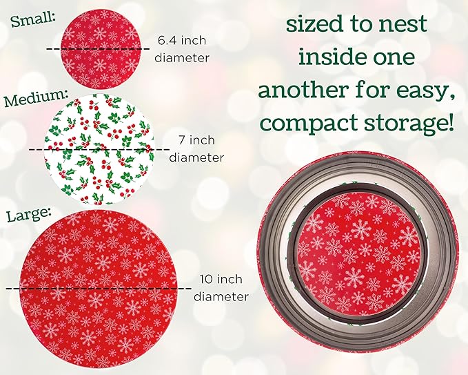 Steel Mill & Co Tin Containers with Lids, 3 Pack Christmas Cookie Tins, Festive Cookie Tins for Gift Giving & Holiday Treats, Round Metal Nesting Containers, Large Medium Small, Snowflake & Holly