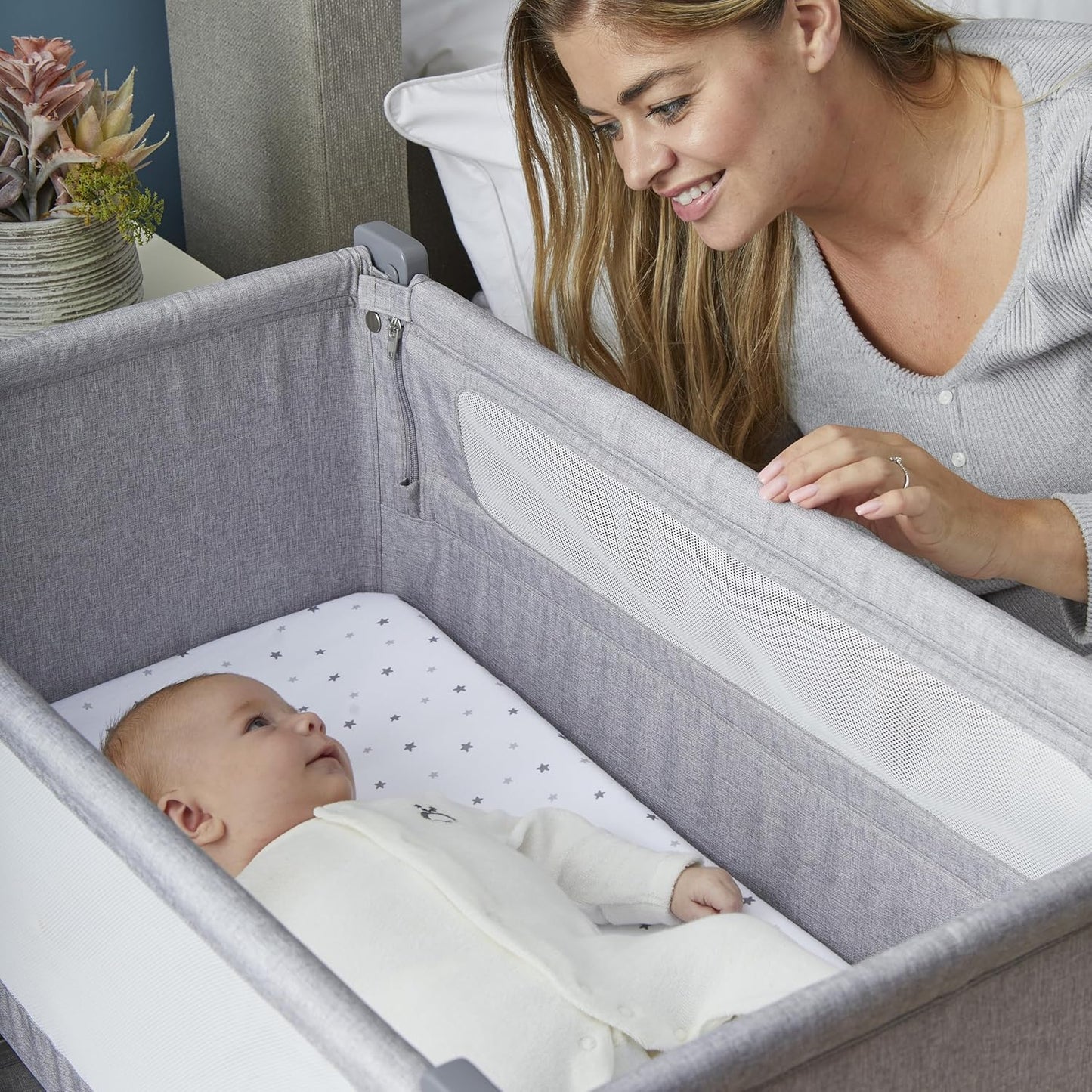 Air Lite Bedside Infant Crib | Breathable Mesh Sides, Drop-Down Panel, Reflux Incline, Adjustable Height, Compact Co-Sleeper Crib with Mattress - Grey