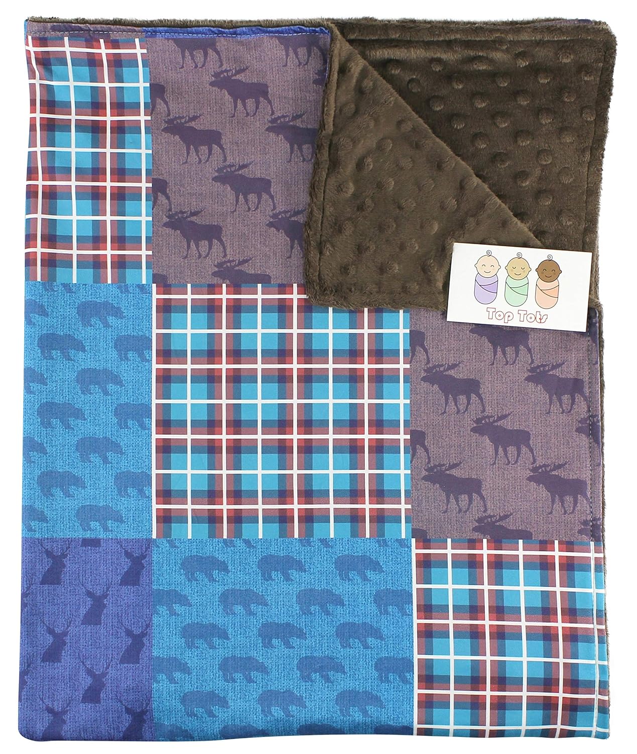 Top Tots “Woodland Animals Collection” Minky Baby Blanket, Moose, Bear and Deer Heads, Orange, Brown and Blue, Checkerboard Pattern, 29 Inches by 39 Inches