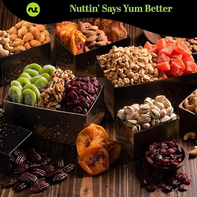 NUT CRAVINGS Gourmet Collection - Thinking of You, Nuts & Dried Fruits Tower Gift Basket, with TY Ribbon + Greeting Card (12 Assortments) Food Arrangement, Healthy Snack Care Package, Food Assortments