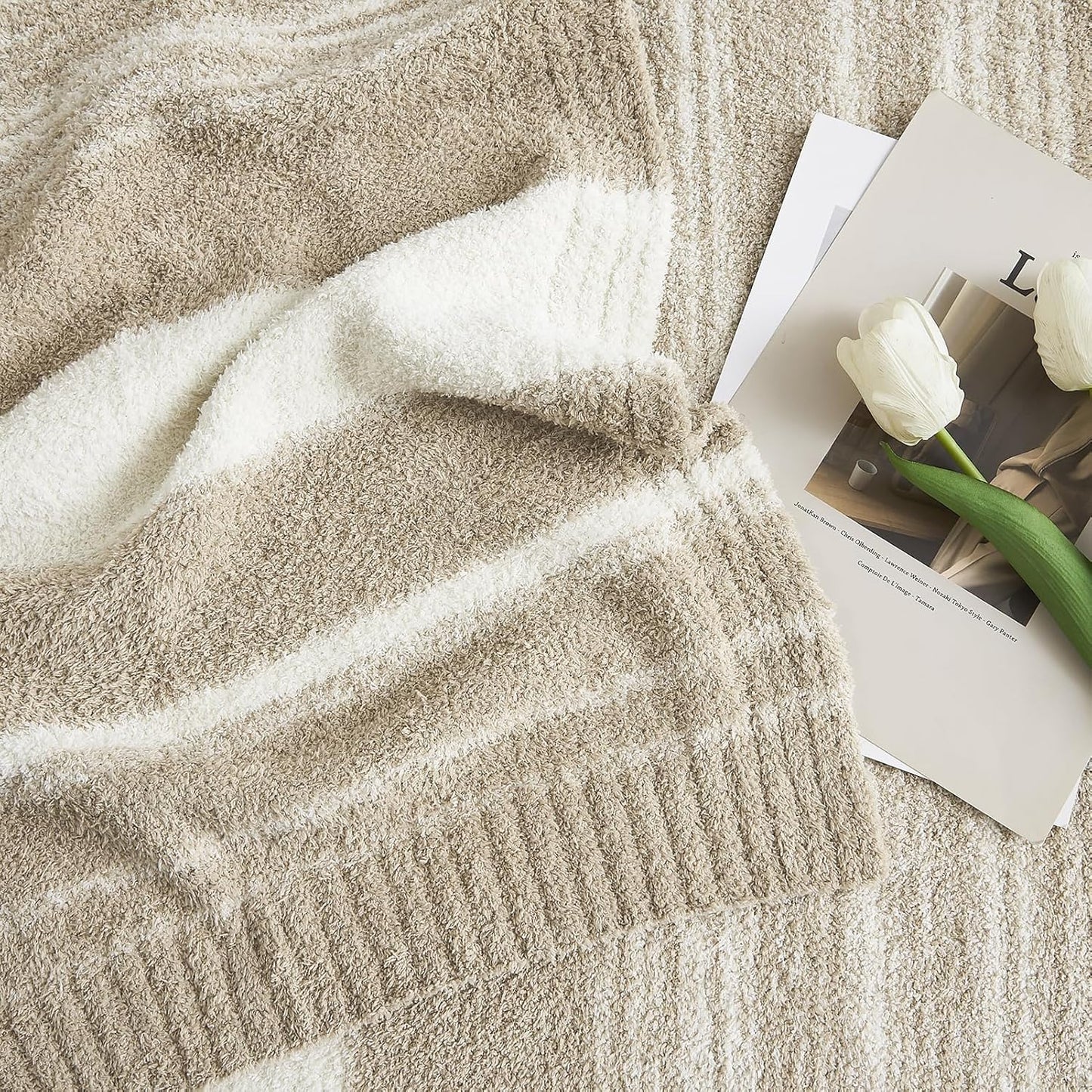 WRENGONGE Khaki Throw Blanket, 50x70 Soft Cozy Striped Throw Blankets for Couch, Sofa, Bed, Travel, Lightweight Fluffy Warm Plush Decorative Blankets for Women, Men,Kids Gift