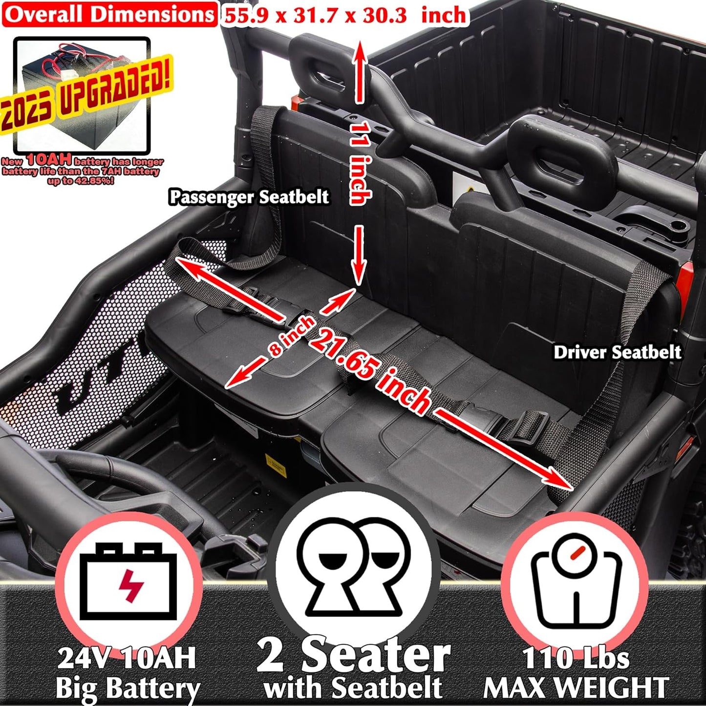 sopbost 24V 10Ah Ride On Toys for Big Kids to Drive 2 Seater Ride On Car with Remote Control Battery Powered Side by Side UTV with Large Dump Bed, 4x75W Motors, Red & Black