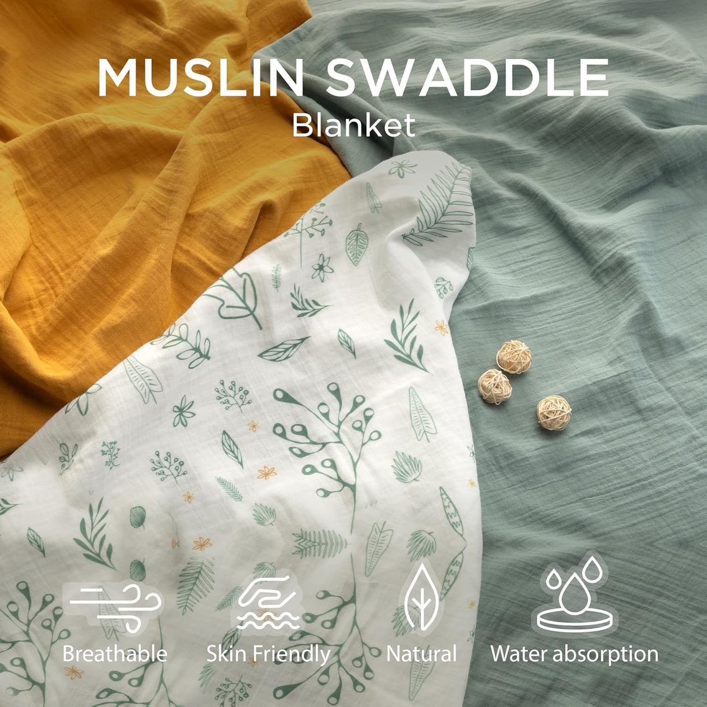 Muslin Swaddle Blankets for Newborns 3 Pack, Soft & Breathable Baby Receiving Blankets 35” x 43” Unisex Infant Essentials with Reusable Bag, 100% Turkish Cotton, Oeko-TEX Certified