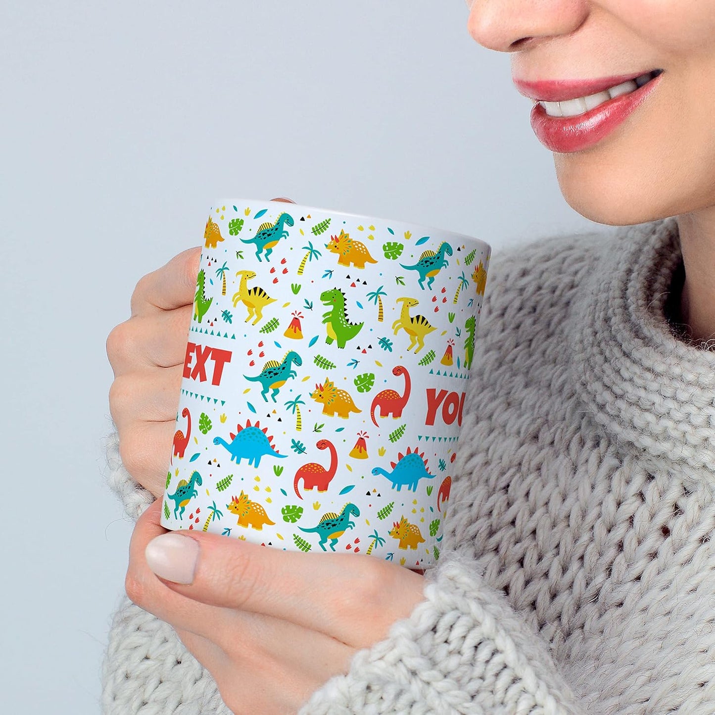 Personalized Mug for Kids - Dinosaurs - Custom Name/Text, Ceramic Hot Chocolate/Cocoa/Coffee Cup for Boys/Girls, Birthday/Christmas/Holiday Gift - 11 oz, Light Blue Handle