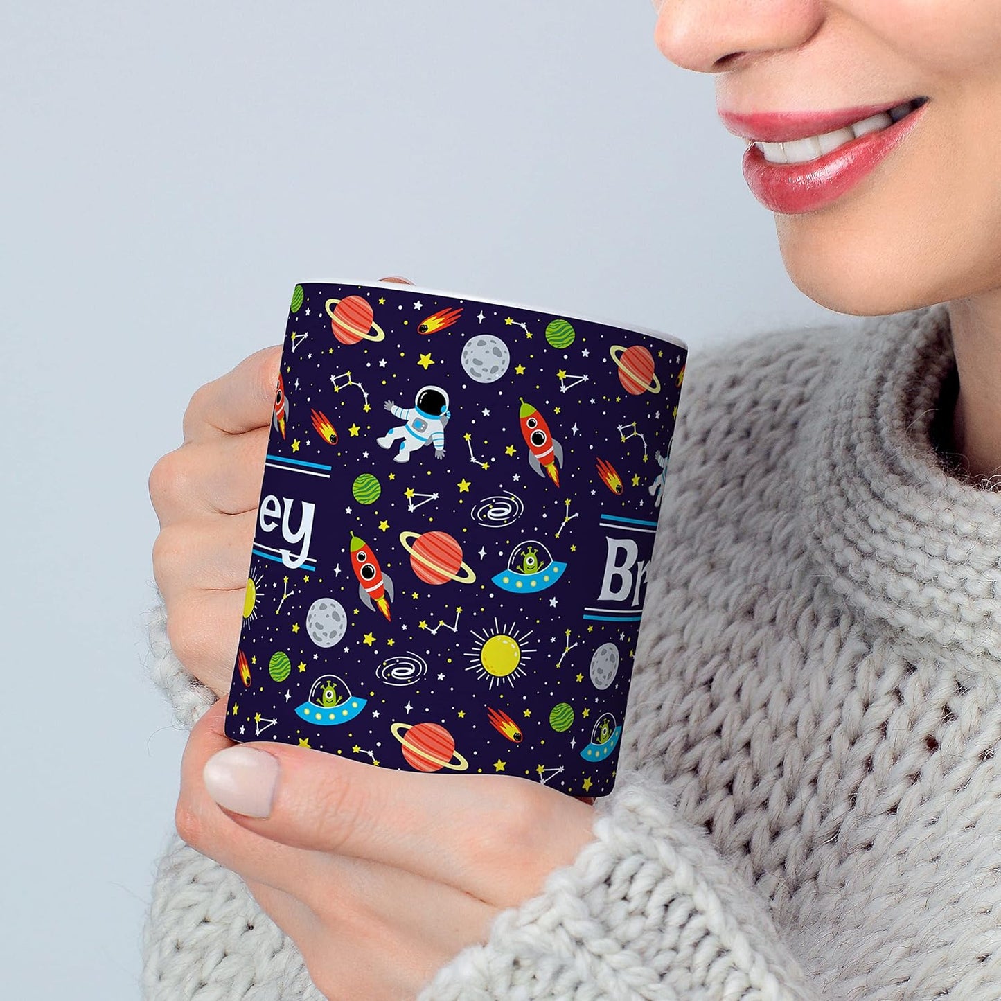 Personalized Mug for Kids - Outer Space - Custom Name/Text, Ceramic Hot Chocolate/Cocoa/Coffee Cup for Boys/Girls, Birthday/Christmas/Holiday Gift - 11 oz, White Handle