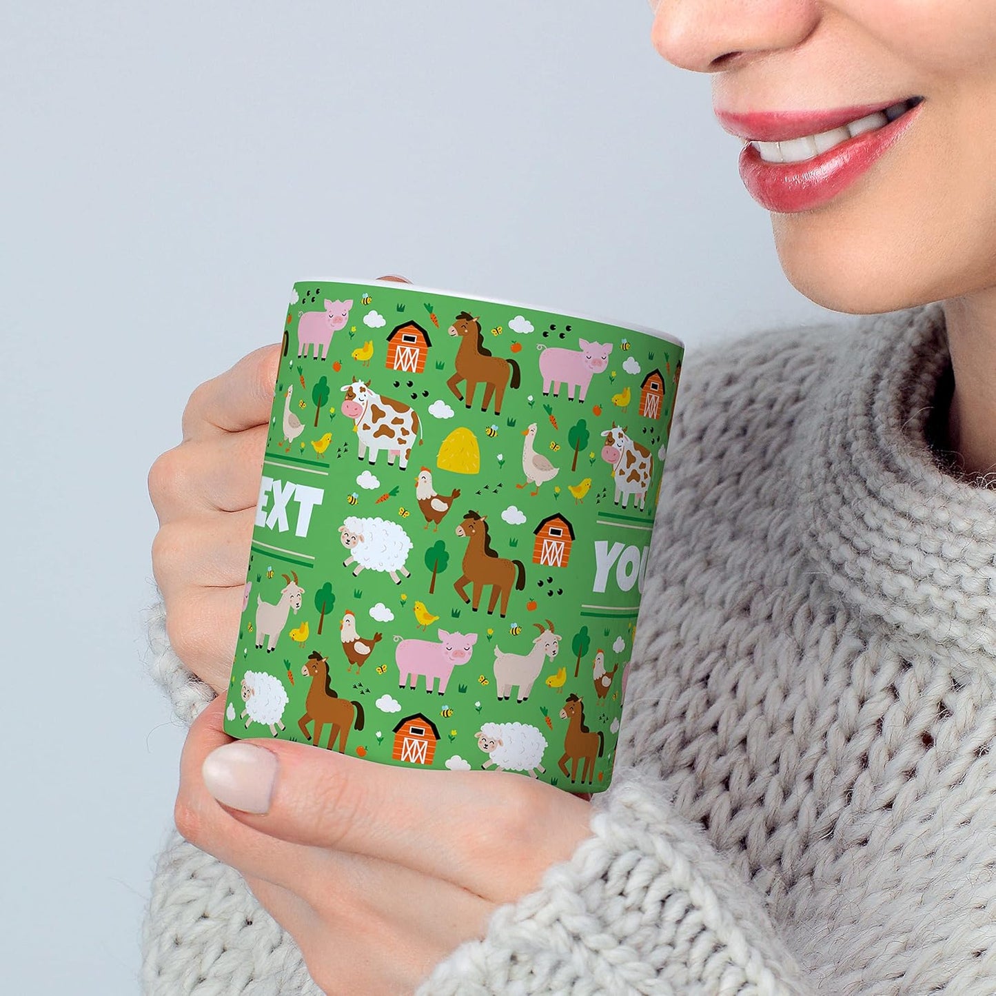 Personalized Mug for Kids - Farm Animals - Custom Name/Text, Ceramic Hot Chocolate/Cocoa/Coffee Cup for Boys/Girls, Birthday/Christmas/Holiday Gift - 11 oz, Black Handle