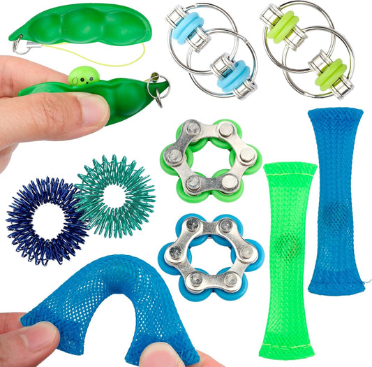 Sensory Fidget Toy 10 Set Roller Bike Chain Fidget Spinner and Marble Fidget Stress Pea Pod Stress Relief Tools, Spiky Sensory Finger Rings for Kids and Adults with Attention Disorder