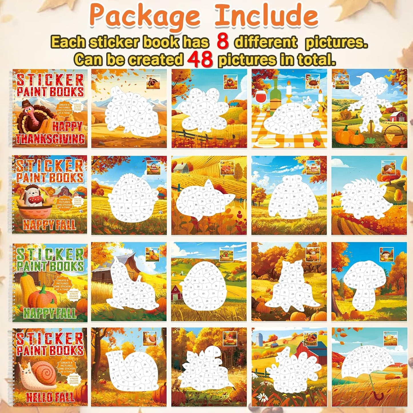 4PCS Thanksgiving Paint by Sticker Books Crafts for Kids Ages 4-8 Fall Sticker by Number Books Activity Book for Kids Age 3-5 Puzzle Book Craft Art Toddler Gift with Turkey Pumpkin 32 Pictures