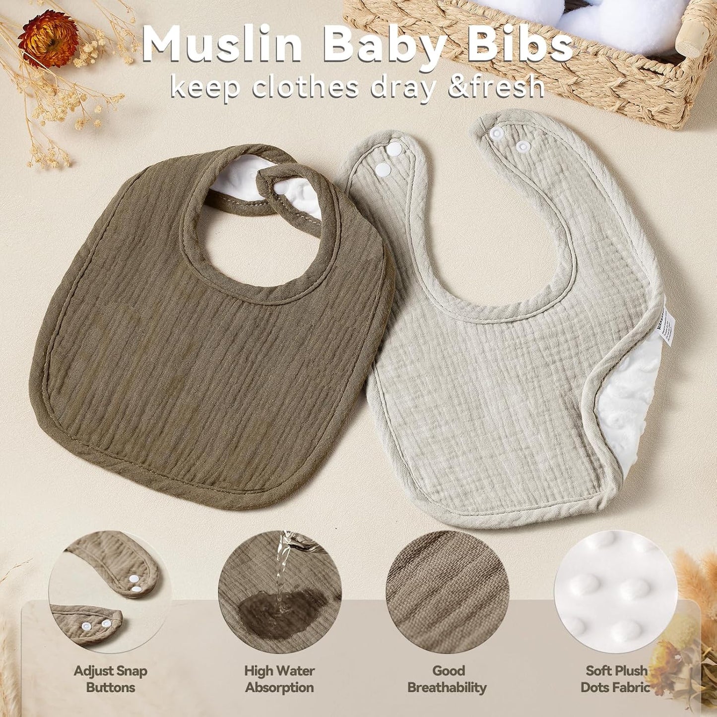 Muslin Baby Bibs for Unisex Boys Girls, Cotton Drool Bibs, Adjustable Newborn Bibs for Drooling and Teething