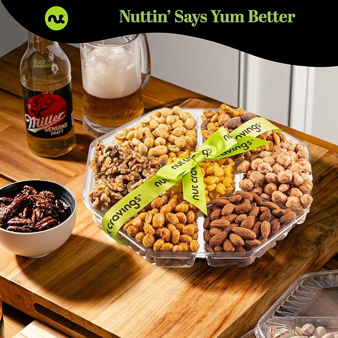 NUT CRAVINGS - Thanksgiving Mixed Nuts Gift Basket + Green Ribbon Classic (7 Assortments, 1 LB) Holiday Xmas Christmas Food Arrangement, Healthy Snack Care Package, Food Assortments