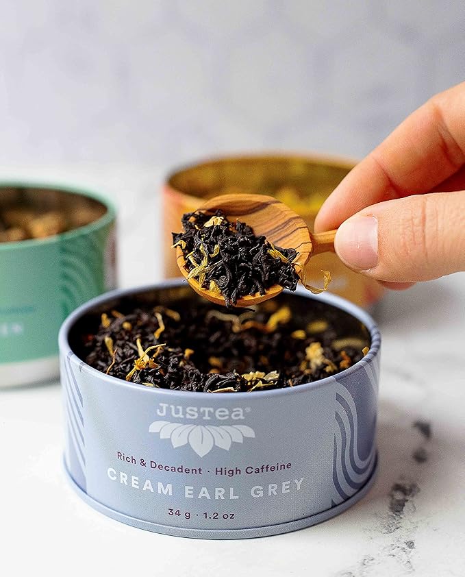 JusTea Assorted Tea Trio | Stacking Tins Variety Pack with Hand Carved Spoon | Loose Leaf Tea | Variable Caffeine | Award-Winning | Fair Trade | Non-GMO