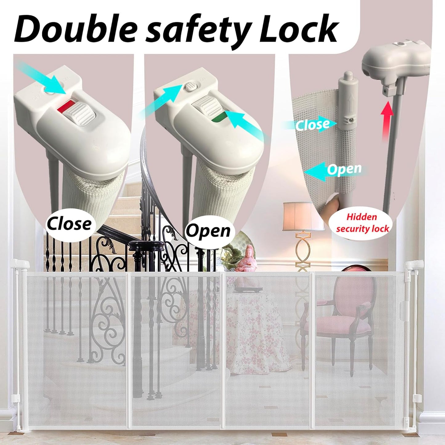 Retractable Baby Gates Dog Gate for Stairs, 100" Wide Retractable Gate Mesh Pet Gate, 41" Extra Tall Child Safety Gate with Fiberglass Rods for Stairways, Doorways, Hallways, Indoor/Outdoor