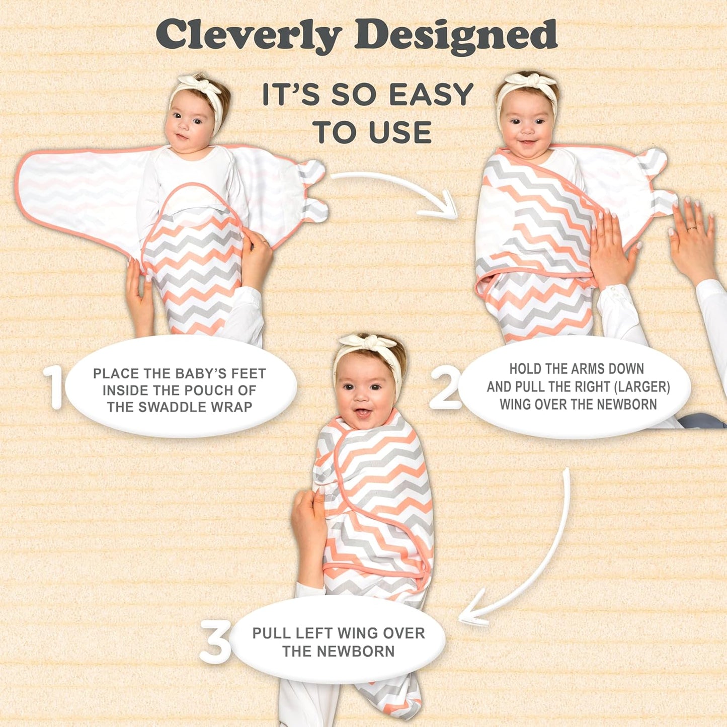 Bublo Baby Swaddles for Newborns – 3-Pack Infant Swaddles 0-3 Months – Adjustable Swaddle Sleep Sack – Soft Cotton Baby Wrap for Safe & Cozy Sleep (Coral)