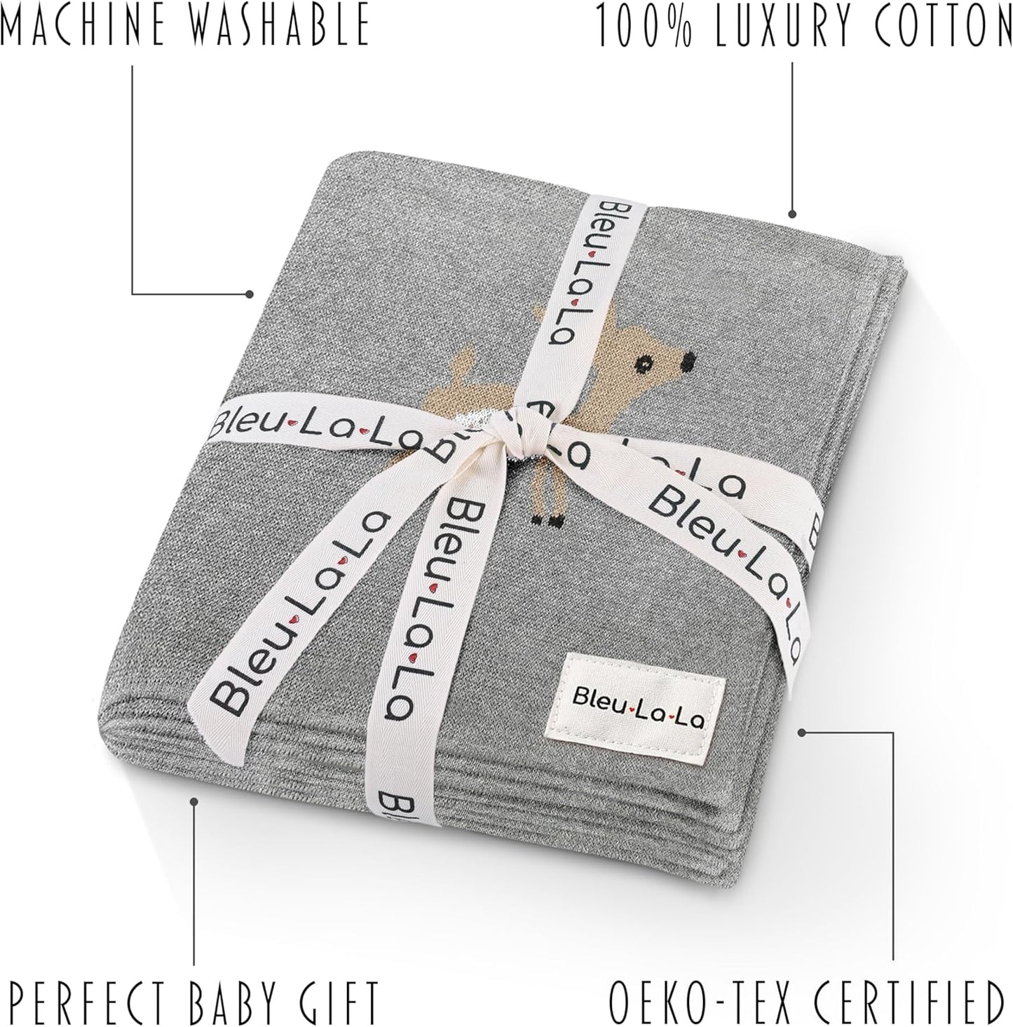 Knit Baby Swaddle Blanket - 100% Cotton Soft Cozy Receiving Swaddling Crib Stroller Quilt Blanket for Shower Gift Registry for Newborns, Infants, Toddlers, Unisex (Deer - Grey)