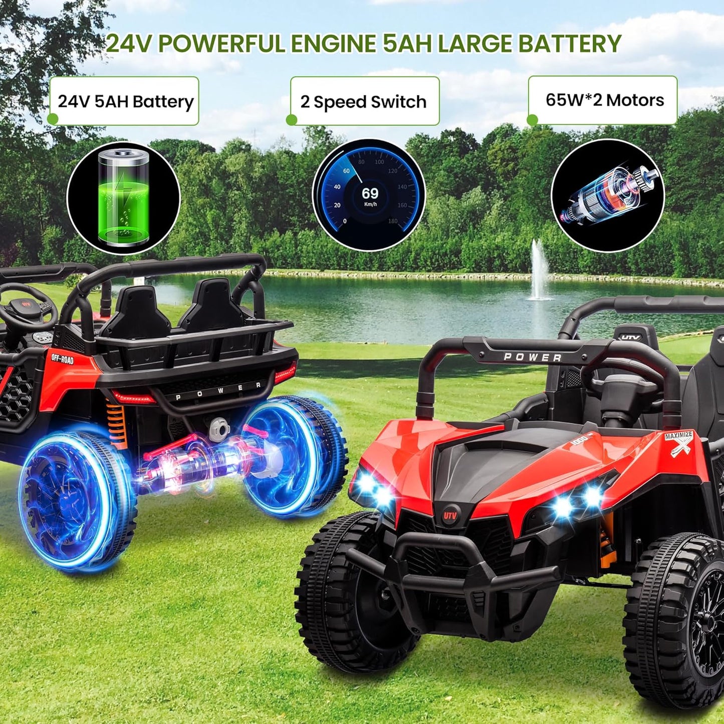 24V 2 Seater Ride On Car Truck, Power Wheels Kids UTV w/Parent Remote Control, 3.1 MPH Max Speed, Music Player, LED Lights & Storage, Electric Vehicle Ride On Toy for Kids Toddler Ages 3-8, Red