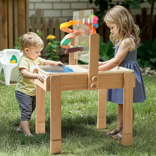 bopoobo Sand and Water Table for Toddlers, 4 in 1 Kids Wooden Sensory Activity Table with 2 Storage Bins, Painting Acrylic Board, Slide Track Toy & Windmill Suction Cups Toy, Beach Accessories